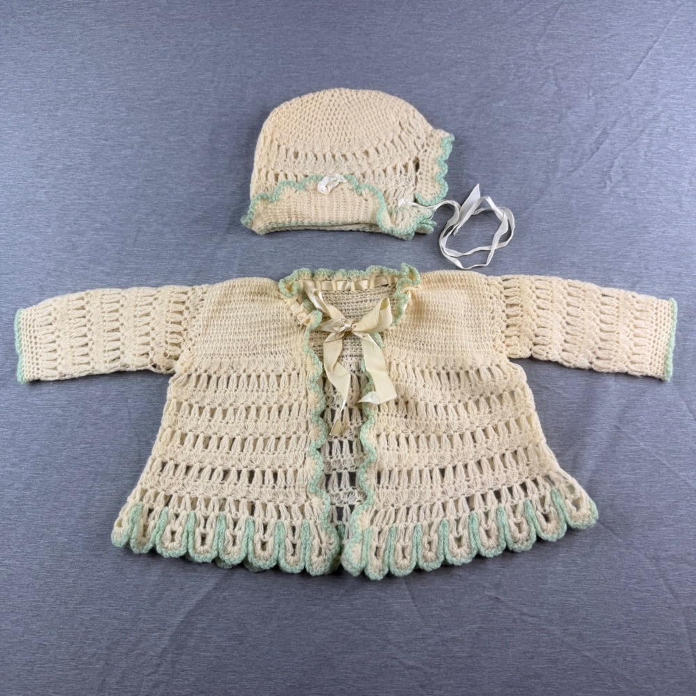 Vintage Hand Crochet Baby Dress Bonnet Set Cream Mint Green Ribbon 0-3M Heirloom